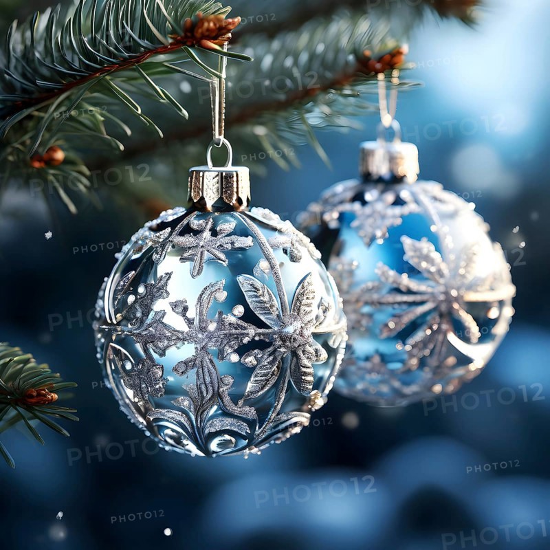 Set of Christmas ornaments hanging on a snow-covered pine tree branch, with frost clinging to the delicate glass and metal surfaces, AI generated