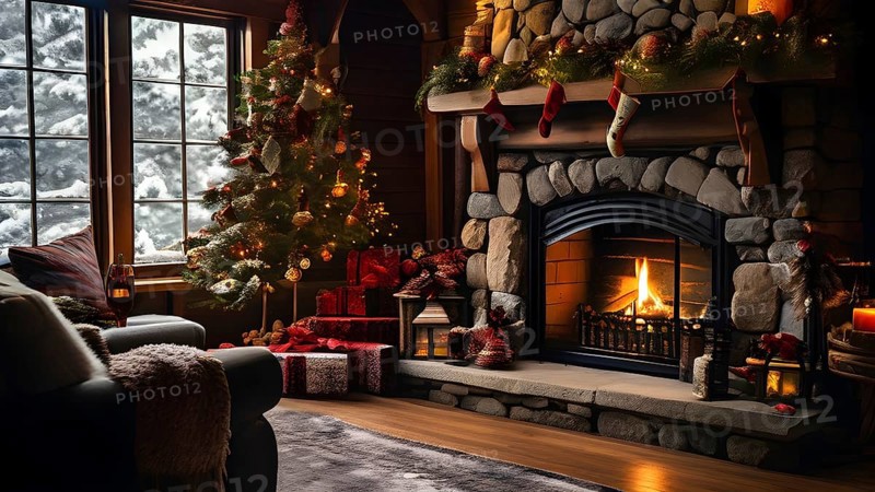 Traditional stone fireplace decorated for Christmas, with garlands, stockings, and candles, set in a cozy, snow-draped winter cabin, AI generated