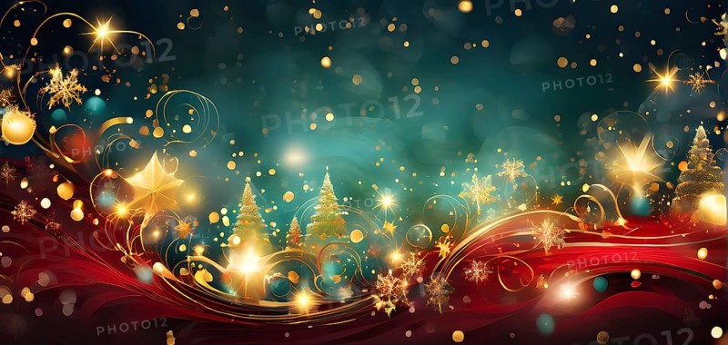 Abstract wallpaper illustration of Christmas symbols for gift cards, swirling shapes and lines, in red green and golden colors, AI generated