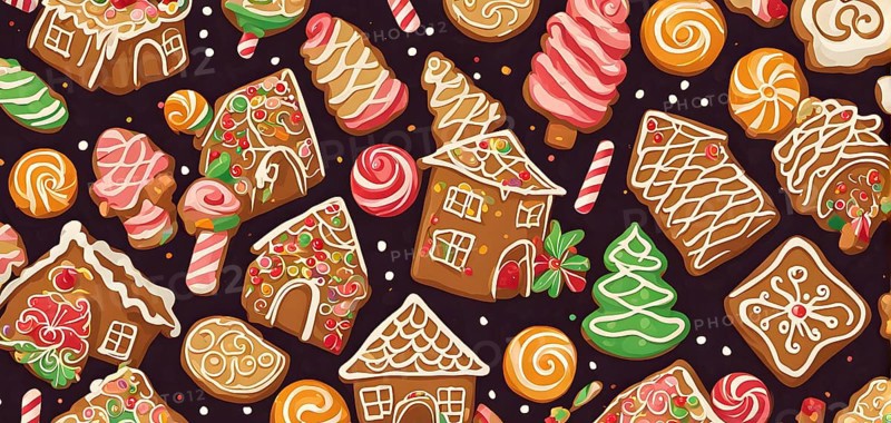 Abstract wallpaper illustration of of gingerbread house decoration, AI generated
