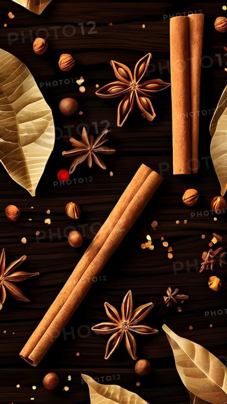 Abstract wallpaper illustration of Christmas spices like cinnamon sticks, star anise, and cloves, AI generated