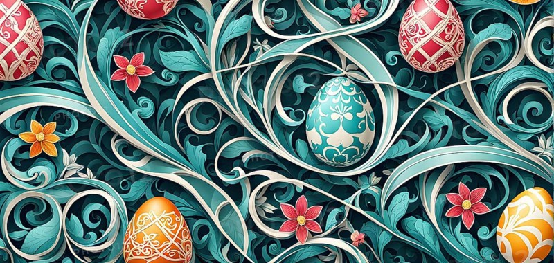 A whimsical abstract pattern with intertwined ribbons, eggs, and floral motifs, with a mix of sharp and soft lines creating depth, AI generated