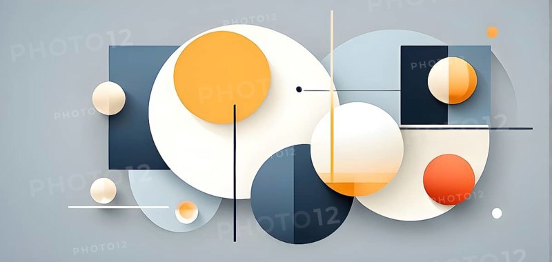 Minimalist composition of overlapping geometric shapes, such as circles, squares, and triangles, with clean lines and muted pastel colors, AI generated