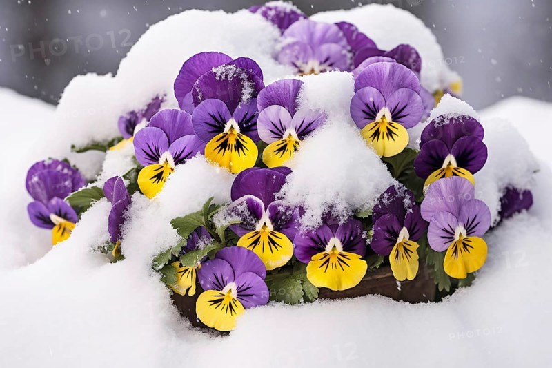 Purple and yellow seasonal Pansies spring flowers covered in snow. KI generiert, generiert AI generated