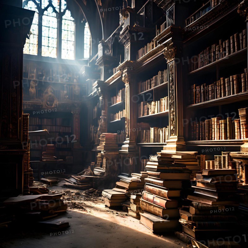 Forgotten library with dust coated books filling shelves, AI generated