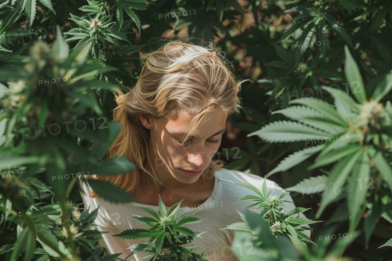 Teenager in a hemp field, surrounded by hemp leaves, cannabis, symbolic image, health risk, drug use, illegal, legal, for medical purposes, AI generated, AI generated, AI generated