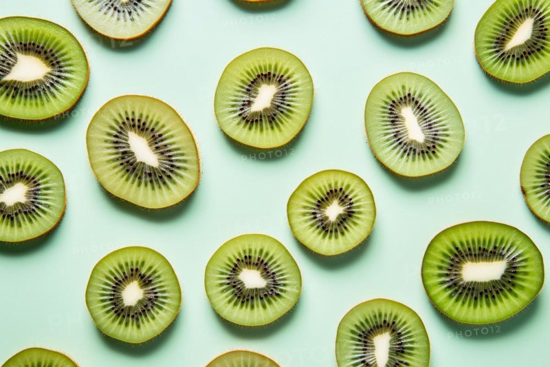 Top view of slices of kiwi fruits on blue background. KI generiert, generiert, AI generated
