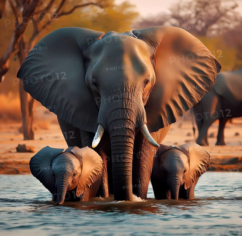 African elephant (Elephas maximus), young animal and elephant cow bathing in a river, AI generated, AI generated