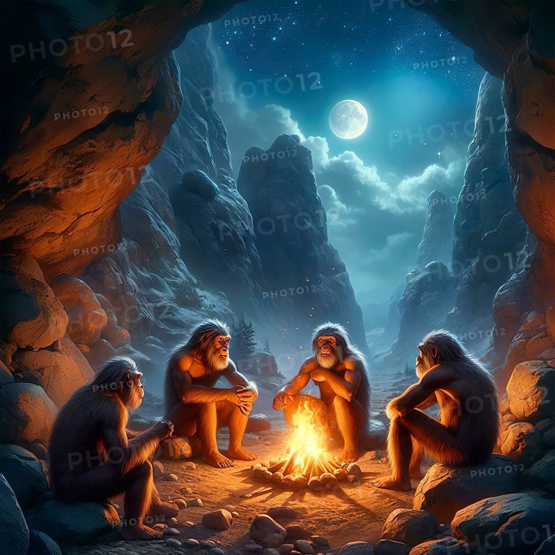 Prehistory, Prehistory, A group of prehistoric humans, Australopithecus, sitting around a campfire at night, AI generated, AI generated