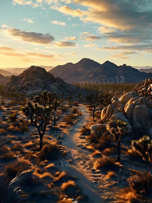 Mojave desert with joshua trees sprinkled in a sunrise, AI generated