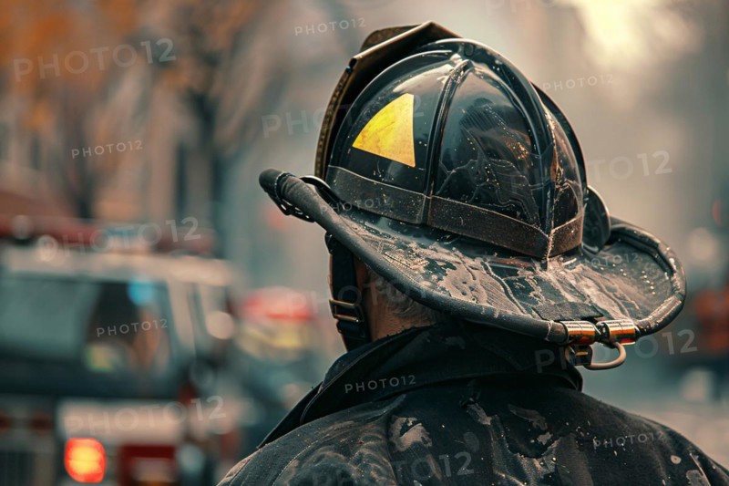 Back view of firefighter with helmet. KI generiert, generiert, AI generated