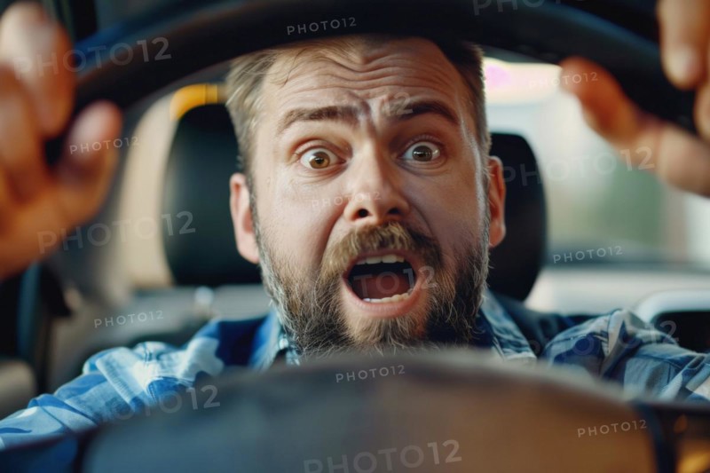 A man sits in a car and looks at the speedometer in surprise and shock, symbolic image, distraction in road traffic, AI generated, AI generated, AI generated