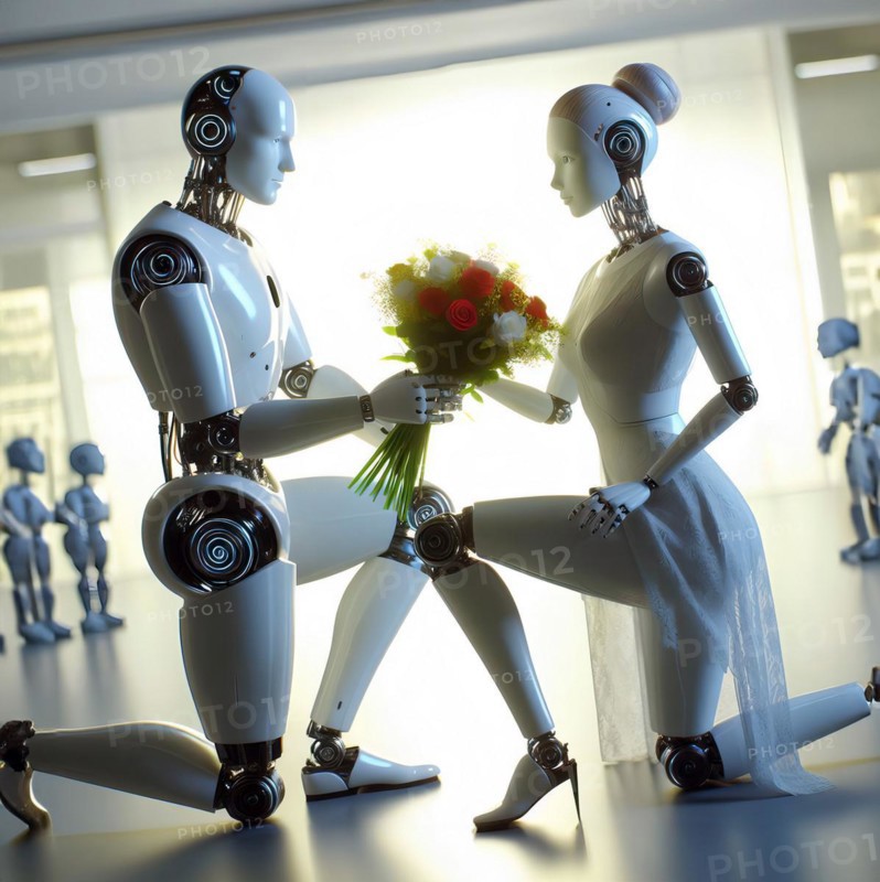 A male humanoid robot kneels in front of a female humanoid robot and presents her with a bouquet of flowers, symbolic image cybernetics, science fiction, technology, feelings, love, romance, AI generated, AI generated