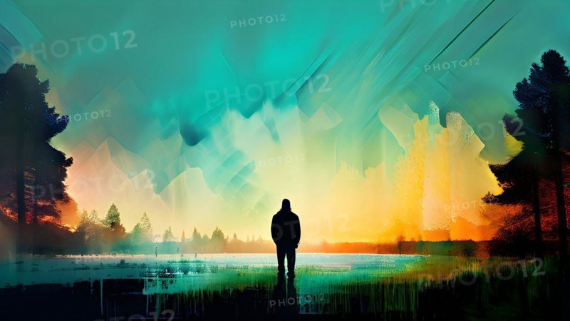 AI generated painting of a surreal landscape with a lonely human with digital brush strokes intertwining with watercolor