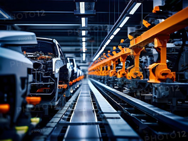 AI generated automotive assembly line in car manufacturing progression with automated machines