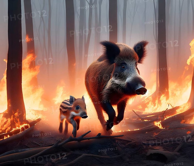 Climate change, global warming, environmental catastrophe, a female wild boar with young boar flees in great leaps from a forest fire, AI generated, AI generated