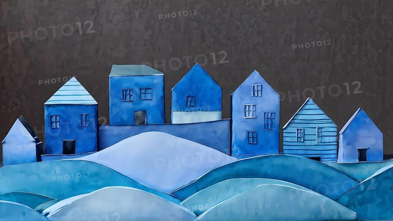 AI generated watercolor landscape featuring blue paper houses contrasting a dark grey background