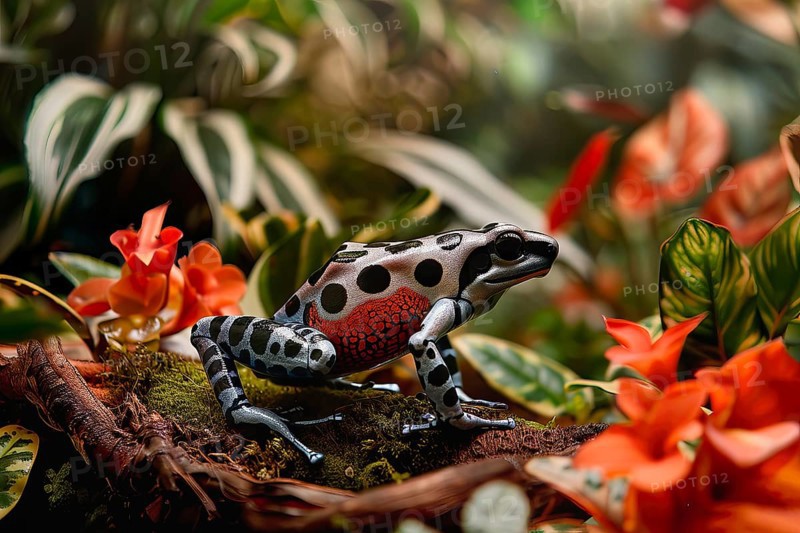 Poison dart frog on leaves, AI generated