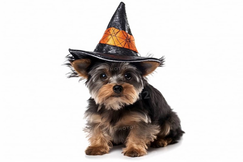 Small Yorkshire Terrier dog with Halloween costume witch hat on white background. KI generiert, generiert AI generated