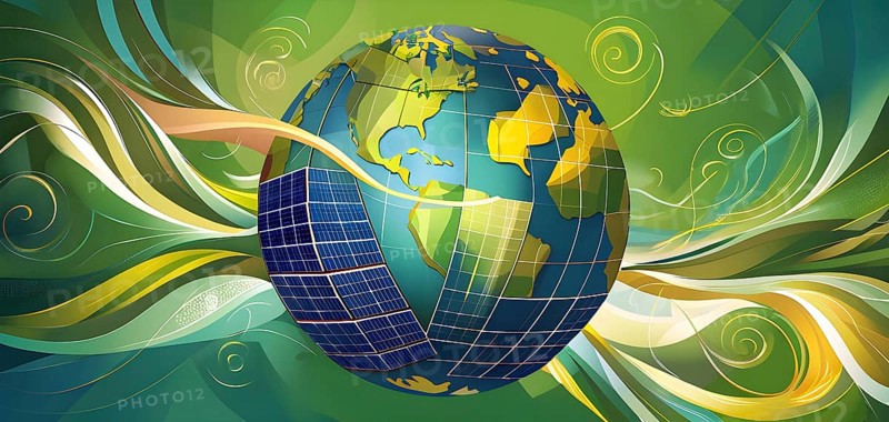 Illustration of a globe composed of triangular solar panels and swirling wind patterns, symbolizing global renewable energy, AI generated