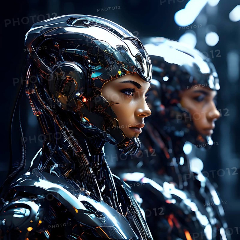 Advanced humanoid robot heads illustrating future robot concepts, AI generated
