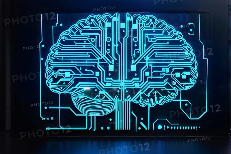 Human brain intricately interlinked with the circuits of a computer board symbolizing artificial intelligence, AI generated