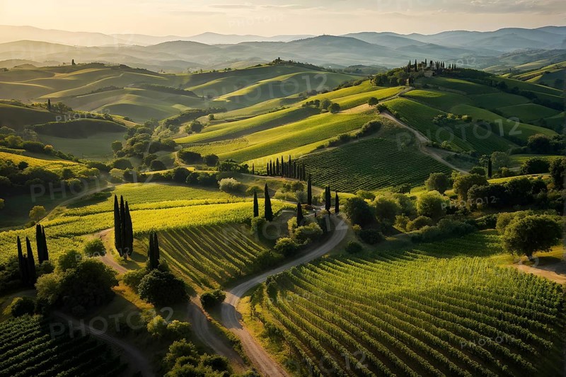 Aerial view of winding vineyard rows snake through rolling hills under atmospheric-summer sun, AI generated