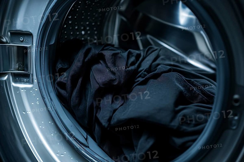 Close up of black clothes in washing machine. Generative Ai, AI generated