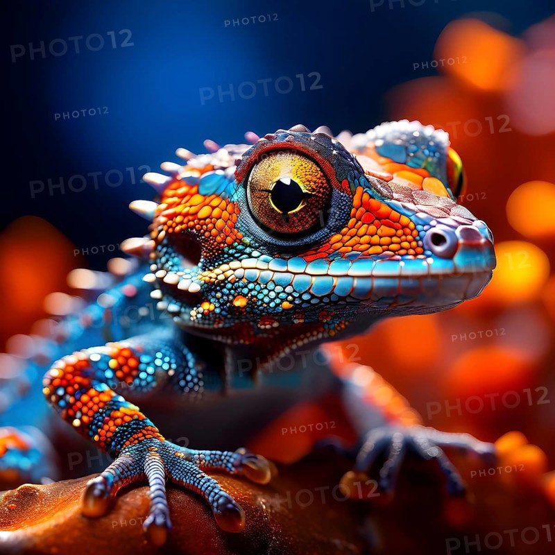 Gecko with intricate patterns and vibrant colors representing adhesive properties, AI generated