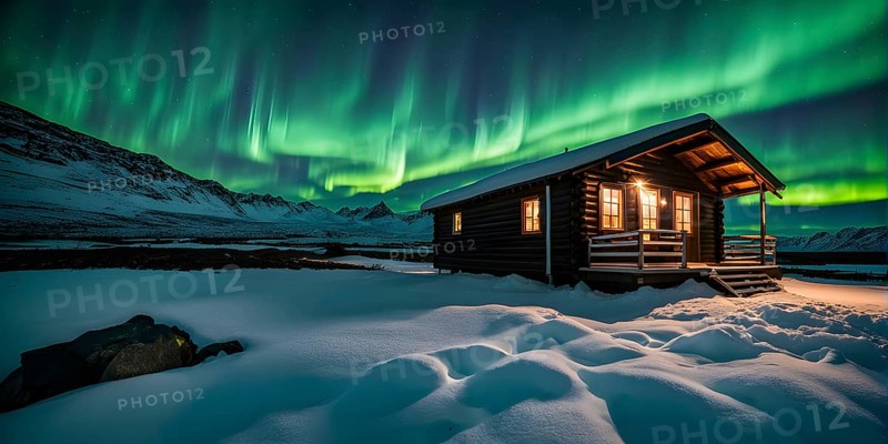 Aurora borealis illuminating snow covered fjord landscape with a wooden cabin in vibrant hues, AI generated