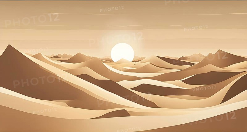 Abstract desert scene with triangular sand dunes and a single circular sun, using sharp lines and subtle gradients in neutral earth tones, AI generated