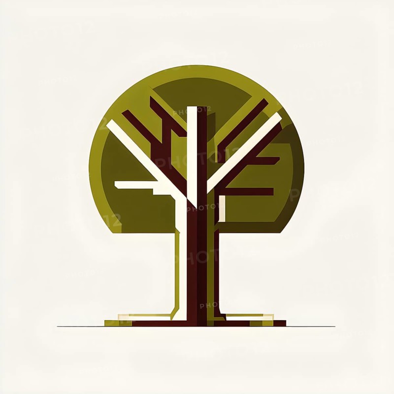 Abstract geometric tree with a circular canopy and a rectangular trunk, arranged in a clean, balanced design with a limited color palette of olive green, deep brown, and ivory, AI generated