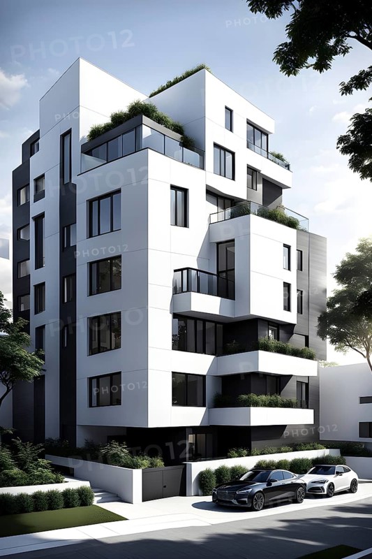Rendering of a modern real estate apartment building in clean geometric forms in black and white, AI generated