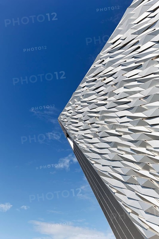 Shiny façade with various reflective aluminium panels, Titanic Belfast visitor centre, modern architecture, architect Eric Kuhne, Titanic Quarter, Belfast, Antrim, Northern Ireland, Great Britain