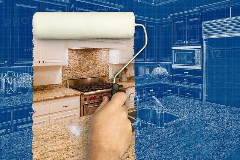 Before and after of man painting roller to reveal custom kitchen photograph under blueprint sketch drawing plans