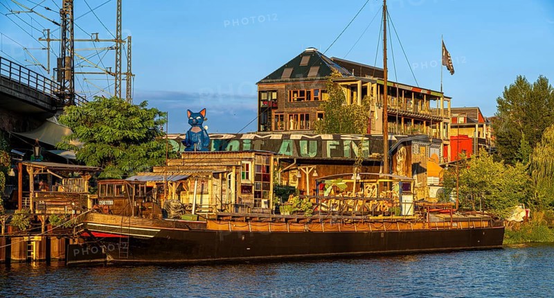 Beach club and residential buildings along Holzmarktstraße in Friedrichshain-Kreuzberg, view from the Spree, Berlin, Germany, Europe
