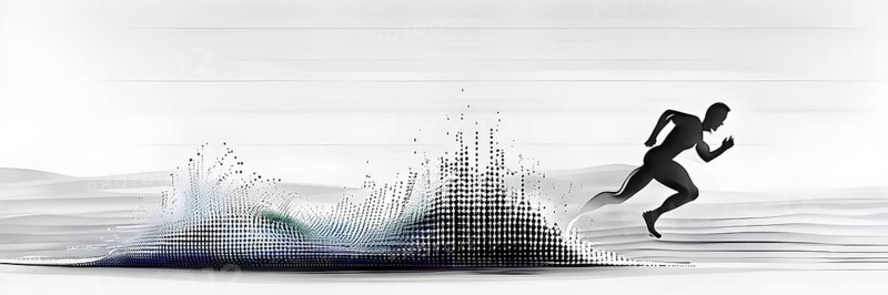 Wave of data points shaping into a runners silhouette, abstract illustration in black and white, conveying speed and precision guided by AI, AI generated