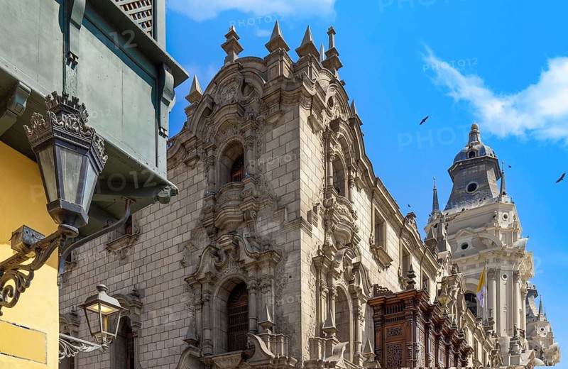 Lima, Peru, Archbishop Palace on colonial Central plaza Mayor or Plaza de Armas in historic center, South America