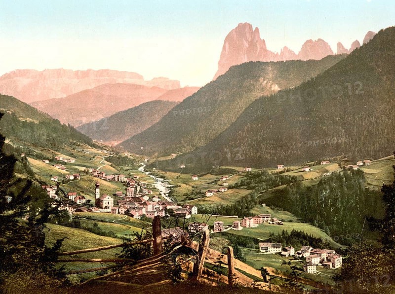 Val Gardena, village of Ortisei with Sella and Langkofl, Tyrol, formerly Austro-Hungary, today Italy, c. 1890, Historic, digitally restored reproduction from a 19th century original Val Gardena, village of Ortisei with Sella and Langkofl mountains, Tyrol, former Austro-Hungary, today Italy, 1890, Historic, digitally restored reproduction from a 19th century original