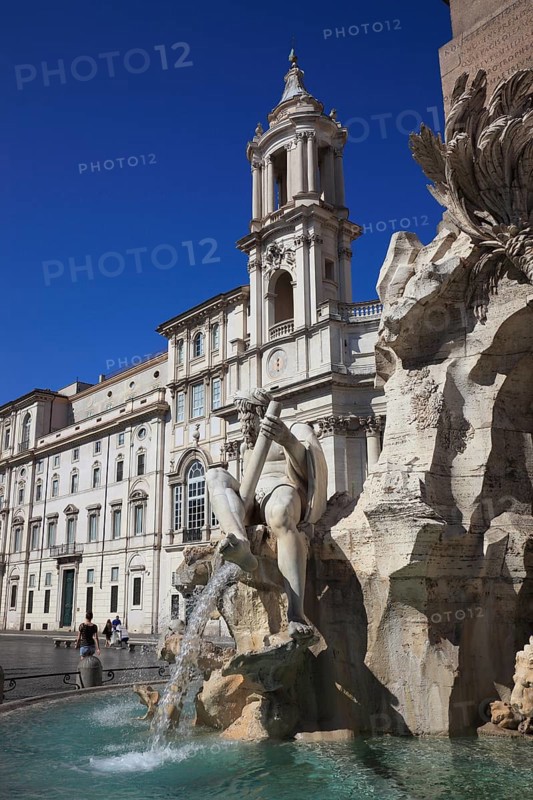 River God of the Ganges at the Fountain of the Four Rivers, Fontana dei Quattro Fiumi, Church of Sant'Agnese in Agone, Piazza Navona, Parione neighbourhood, Rome, Italy, Europe