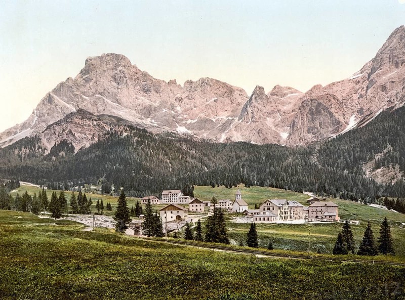 San Martino do Castrozza, San Martino am Sismunthbach, village in the Primiero Valley west of the Pala Group and south of the Rolle Pass in Trentino, formerly Tyrol, Austria-Hungary, today South Tyrol, Italy, Historical, digitally restored reproduction from a 19th century original, Record date not stated, Europe