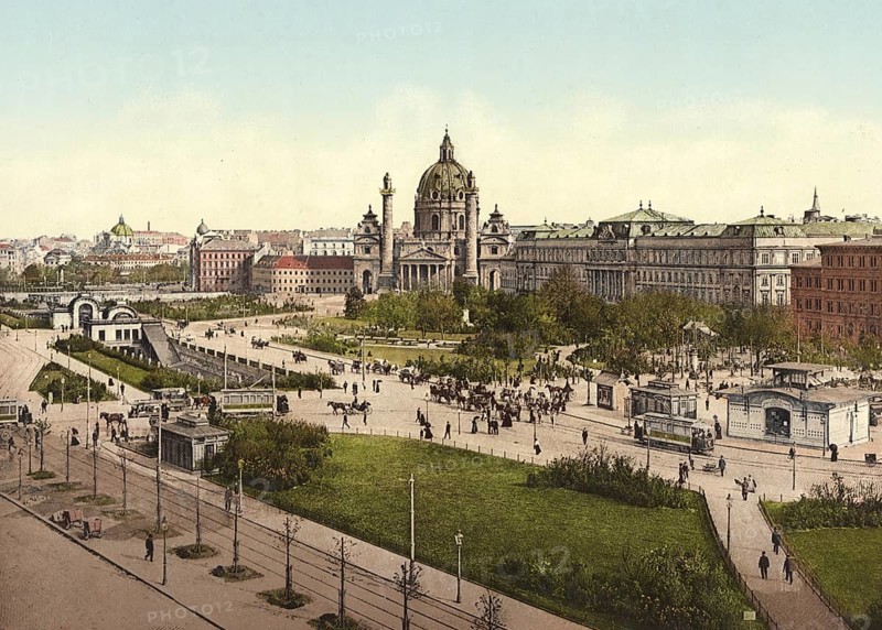 Der Karlsplatz mit der Karlskirche, Wien, Österreich, digital restaurierte Reproduktion eines Originals aus dem 19. century, Aufnahmedatum nicht angegeben, The Karlsplatz with the Karlskirche, Vienna, Austria, digitally restored reproduction from a 19th century original, record date not stated, Europe