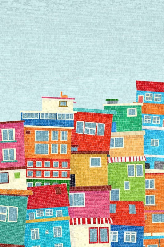 Colored houses of a favela. Graphic art vector mosaic