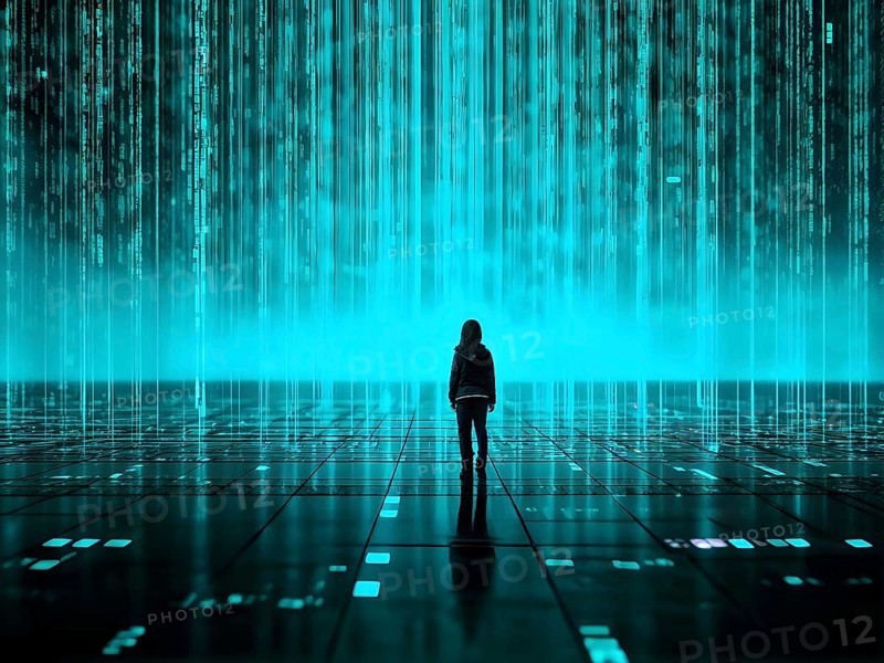Abstract animation of binary code cascading down like digital rain, representing data insights in monochromatic turquoise hues, AI generated