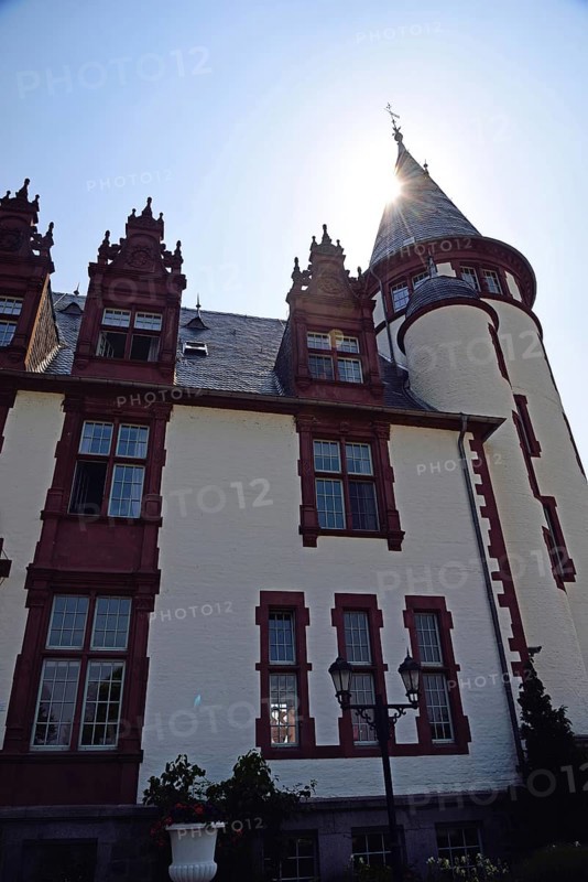 Europe, Germany, Mecklenburg-Western Pomerania, Klink Castle on the Müritz near Waren, castle hotel, built in 1898, detail, backlight, Waren, Mecklenburg-Western Pomerania, Germany, Europe