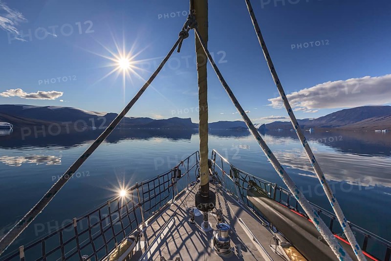 Sailboat, ship in fjord off Bergen, sunny, Scoresby Sound, East Greenland, Greenland, North America