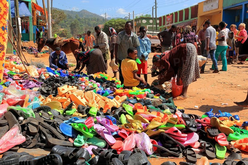 South Ethiopia, market in Jinka, market day, trade with plastic sandals, plastic shoes, market scene, Ethiopia, Africa