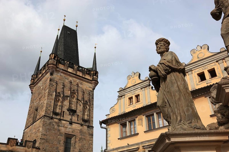 Part of the monument, The Saints on Charles Bridge and the Lesser Town Bridge Tower, Prague, Czech Republic, Europe