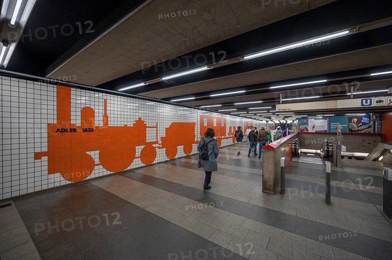 Underground station with mosaic of the first railway on the walls, Am Plärrer, Nuremberg, Middle Franconia, Bavaria, Germany, Europe