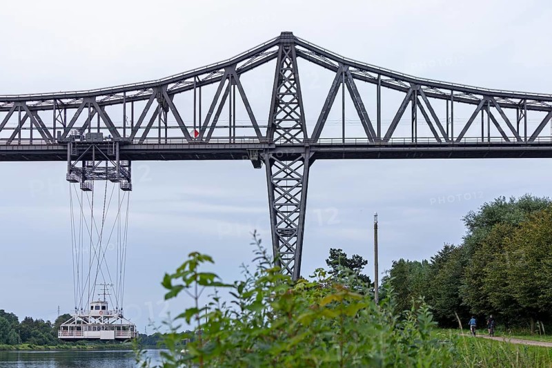 High bridge, transporter bridge, cyclist, Kiel Canal, Rendsburg, Schleswig-Holstein, Germany, Europe